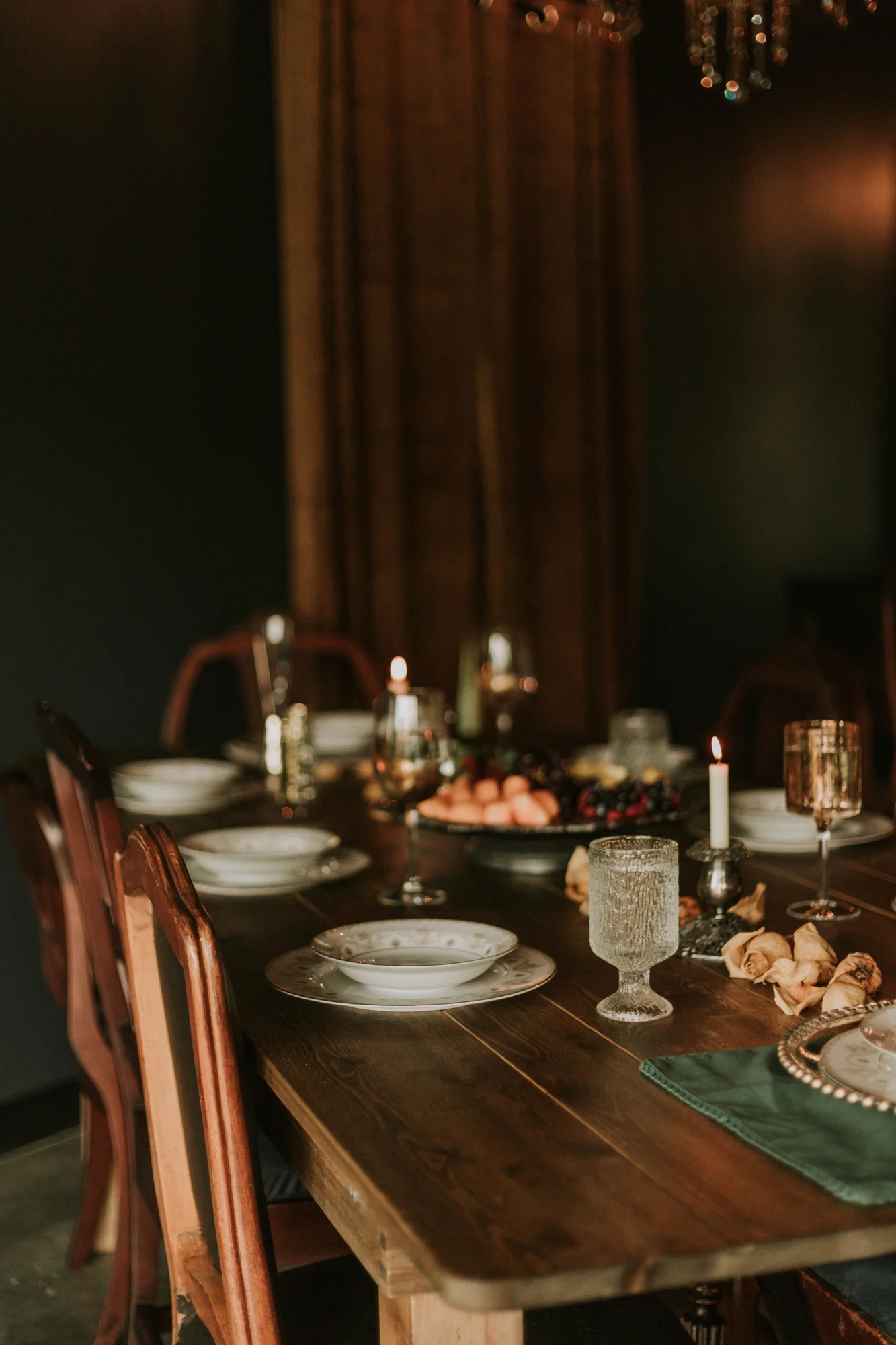 Floral china, linen napkins, and a thoughtful table setting